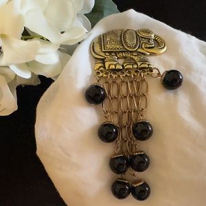 Elephant Brooch “Good Luck” Gold-tone with Dangling Black Beads